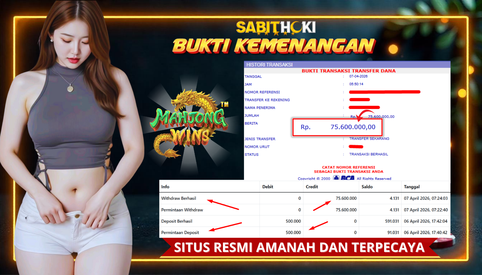 SELAMAT KEPADA MEMBER SETIA SABITHOKI BERHASIL JACKPOT DI PERMAINAN MAHJONG WAYS